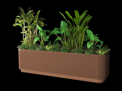 Brown Rectangular Garden Planter with Various Green Foliage Plants and Lush Greenery 3d model