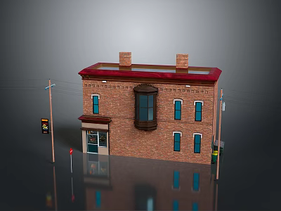 Brick Building Red Roof Two Chimneys Blue Windows Porch Traffic Light Stop Sign Ground Reflection 3d model