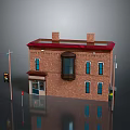 Brick Building Red Roof Two Chimneys Blue Windows Porch Traffic Light Stop Sign Ground Reflection
