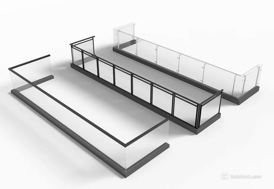 Modern Glass Railings With Metal Frames For Staircase And Balcony Design 3d model 