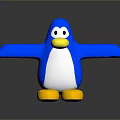 Blue Penguin Toy With Yellow Beak Feet White Belly And Outstretched Arms On Gray Background