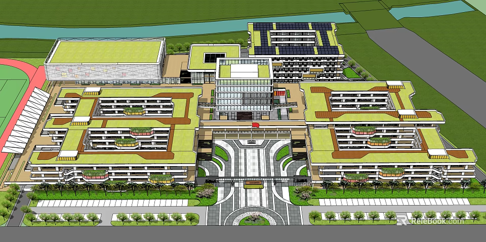 Aerial View Planning of Modern Building Complex with Central Entrance Green Spaces and Road Layout 3d model 