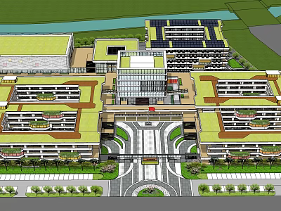 Aerial View Planning of Modern Building Complex with Central Entrance Green Spaces and Road Layout 3d model