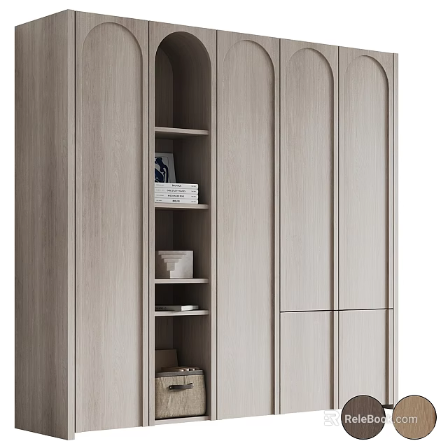 Modern Minimalist Wardrobe Design With Wooden Texture Open Shelves And Paneled Doors 3d model 