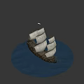 Medieval Naval Weaponry Mounted On Wooden Sailing Ship With White Sails Floating On Water