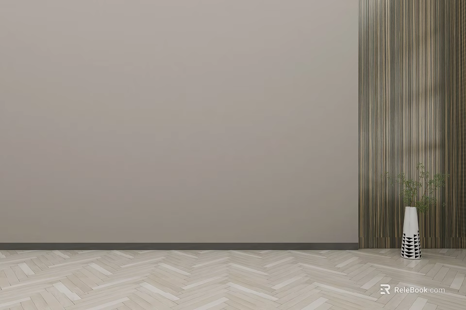 Minimalist Background Wall Featuring Vertical Striped Accent Herringbone Floor and Decorative Vase with Green Plant 3d model 