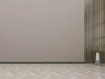Minimalist Background Wall Featuring Vertical Striped Accent Herringbone Floor and Decorative Vase with Green Plant 3d model