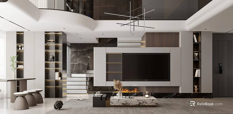 Modern Loft Living Room Interior With Fireplace And TV Feature Wall 3d model 