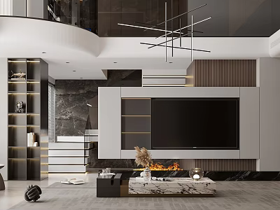 Modern Loft Living Room Interior With Fireplace And TV Feature Wall 3d model