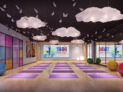 Yoga Studio Interior With Yoga Mats Colorful Glass Windows Cloud Pendant Lights And Fitness Balls 3d model