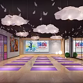 Yoga Studio Interior With Yoga Mats Colorful Glass Windows Cloud Pendant Lights And Fitness Balls