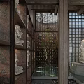 Traditional Chinese Religious Shrine With Tile Roof Wooden Structure By Waterfront Surrounded by Green Trees