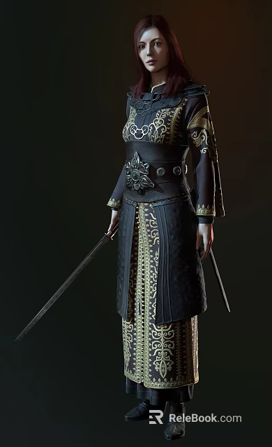Mythical Warrior In Ornate Black Gold Attire With Dual Swords And Intricate Patterns 3d model 