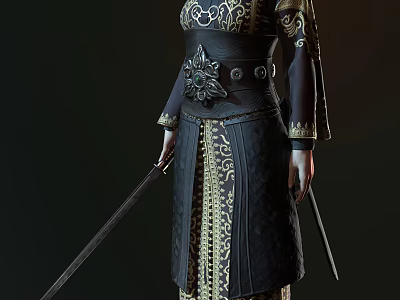 Mythical Warrior In Ornate Black Gold Attire With Dual Swords And Intricate Patterns 3d model