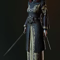 Mythical Warrior In Ornate Black Gold Attire With Dual Swords And Intricate Patterns