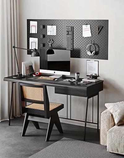 Modern Office Desk Setup With iMac Monitor Black Lamp Woven Chair And Pegboard Wall 3d model