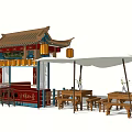 Traditional Chinese Street Food Stall With Classic Eaves Red Decor Lanterns And White Canopy