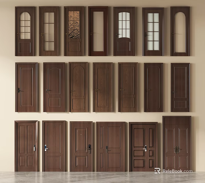 Various Styles Of Wooden Hinged Doors Featuring Glass Panels And Panel Designs 3d model 