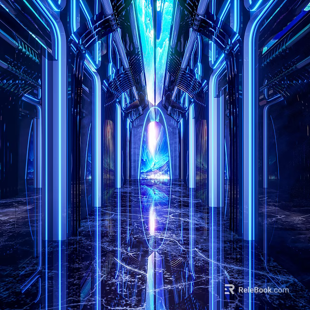 Futuristic Elevator Hallway Featuring Blue Neon Lights Shiny Marble Floor And Illuminated Pillars 3d model 