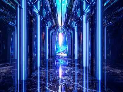 Futuristic Elevator Hallway Featuring Blue Neon Lights Shiny Marble Floor And Illuminated Pillars 3d model
