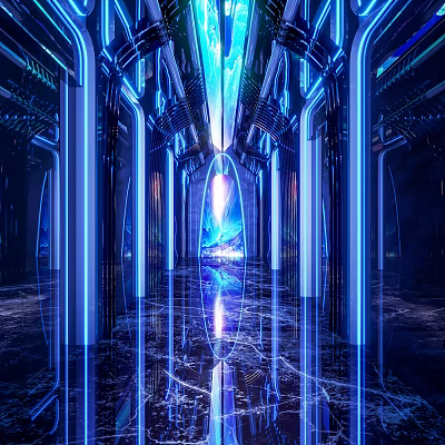 Futuristic Elevator Hallway Featuring Blue Neon Lights Shiny Marble Floor And Illuminated Pillars 3d model