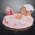Festive Gingerbread House Scene With Cupcake Pink Sugar Surface Ladder Fence And Lollipop