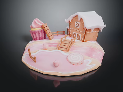 Festive Gingerbread House Scene With Cupcake Pink Sugar Surface Ladder Fence And Lollipop 3d model