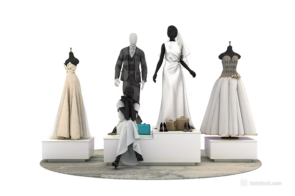 Elegant Wedding Dresses And Formal Suit Display On White Platforms With Shoes And Bags 3d model 
