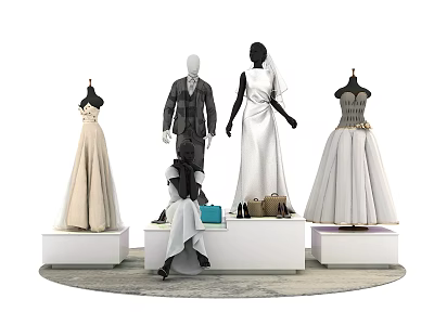 Elegant Wedding Dresses And Formal Suit Display On White Platforms With Shoes And Bags 3d model
