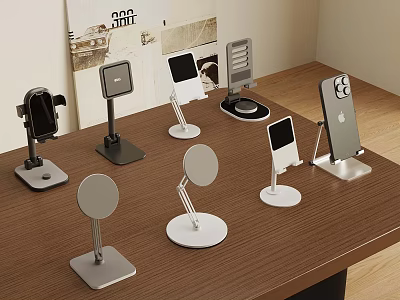 Various Modern Phone Stands With Different Designs On Wooden Table 3d model