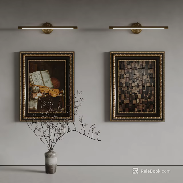Wall Lamps Above Two Paintings With Golden Frames On Light Gray Wall 3d model