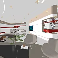 Modern Office Interior With Red Accent Walls Ceiling Lights Desk Chairs And Marble Floor
