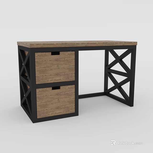Wooden Top Desk With Black Metal X Shaped Frame And Two Drawers 3d model 