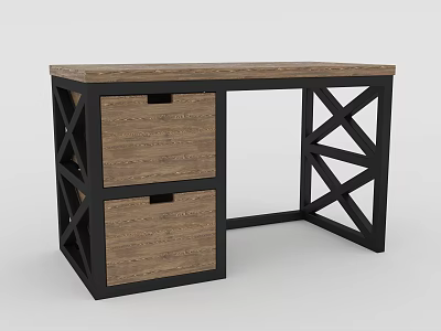 Wooden Top Desk With Black Metal X Shaped Frame And Two Drawers 3d model
