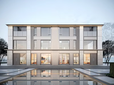 Modern Townhouse Exterior Design Featuring Large Glass Windows And Water Reflection 3d model