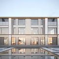 Modern Townhouse Exterior Design Featuring Large Glass Windows And Water Reflection