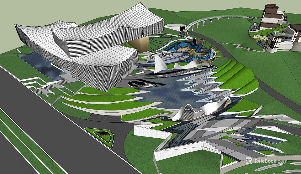 Modern Garden Landscape With Architectural Buildings Water Features Green Lawns And Pathways 3d model 