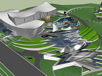 Modern Garden Landscape With Architectural Buildings Water Features Green Lawns And Pathways 3d model