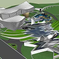 Modern Garden Landscape With Architectural Buildings Water Features Green Lawns And Pathways