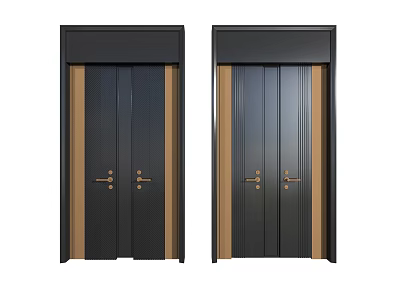 Modern Black and Brown Swing Doors With Decorative Strips and Gold Door Handles 3d model
