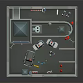 Cartoon Style Police Station Building with Tower Police Cars and Road Barriers