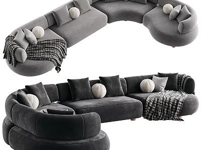 Cozy Curved Sectional Sofa in Gray with Multiple Cushions Pillows and Plaid Blanket 3d model