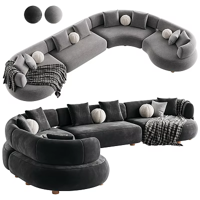 Cozy Curved Sectional Sofa in Gray with Multiple Cushions Pillows and Plaid Blanket 3d model