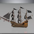 Vintage Model Sailing Ship With Multiple Masts Black Sails And Carved Wooden Details