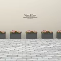 Outdoor Garden Decor with Modern Hexagonal Flower Planters and Colorful Flowers in Paved Setting