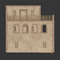 Beige Brick Two Story Building Model With Arched Door Windows And Second Floor Balcony Railing