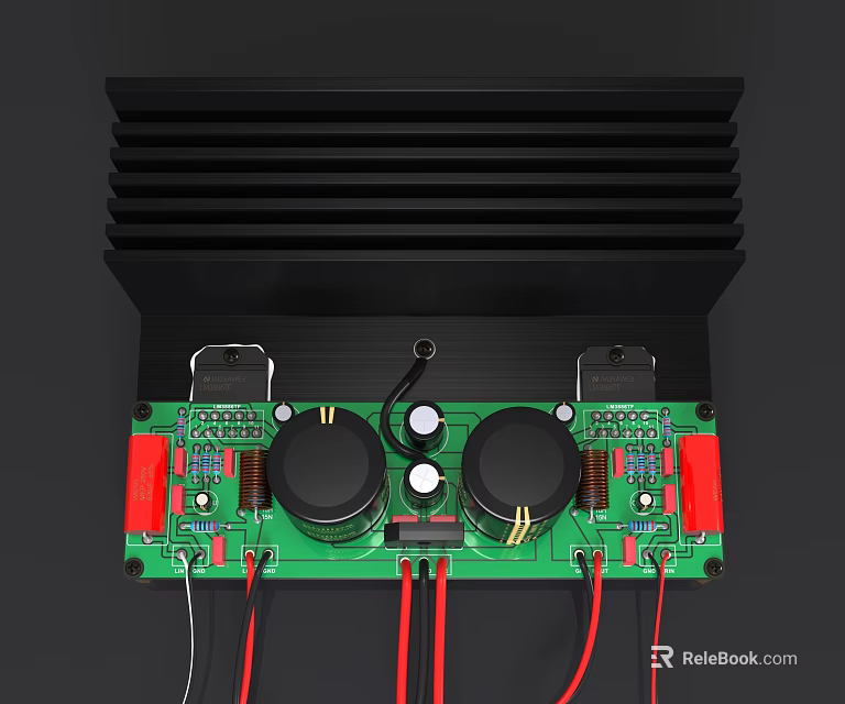 Green Electronic Circuit Board With Capacitors Heat Sink And Red Wires 3d model 