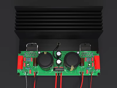 Green Electronic Circuit Board With Capacitors Heat Sink And Red Wires 3d model