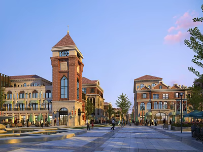 Charming Commercial Street With Clock Tower Red Brick Buildings Trees And Pedestrians 3d model