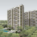 Modern High Rise Residential Building With Balconies And Green Trees Under Clear Sky